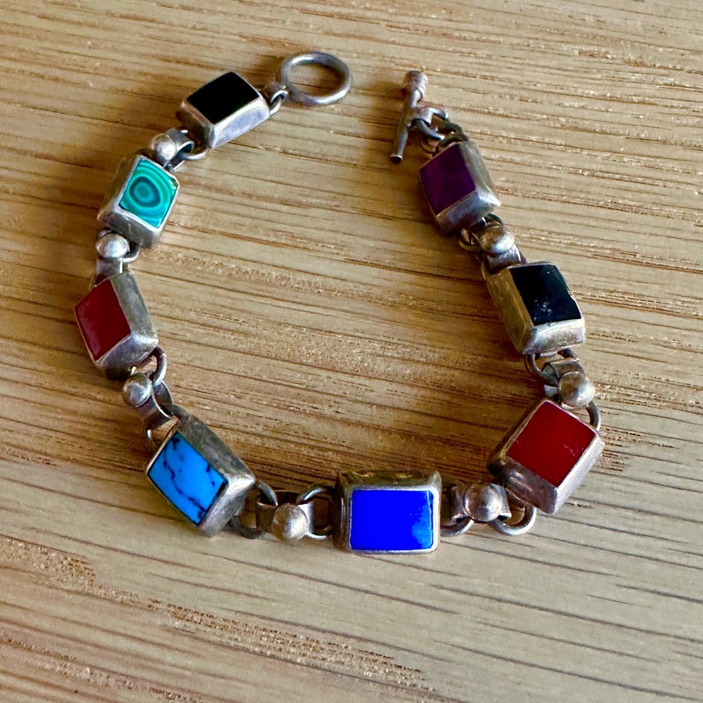 Vintage Sterling Silver Multicolor Stone Bracelet -Mexico